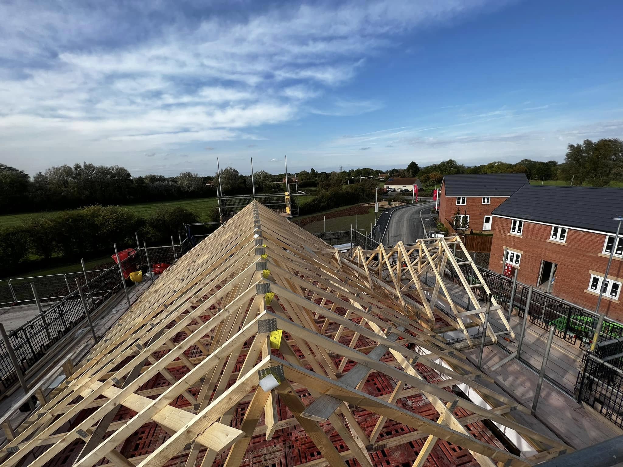 Complex trussed roof carpentry on a housing development
